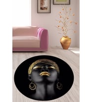 Afrika Desenli Afrikalı Kadın Halı Dijital Baskı Yıkanabilir Yuvarlak Modern Salon ve Hol Halısı (Siyah)