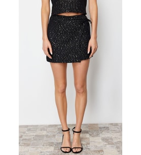 Moda Bodycon Düz Desen Gündüz Gece Mini Boy Mini Parlak Payet İşlemeli Triko Etek
