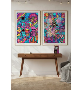 Retro Uzay 2’li Ahşap Çerçeveli Tablo Seti - Renkli Pop Art Dekoru