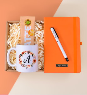 Kişiye Özel Turuncu Defter& Beyaz Roller Kalem& Baskılı Kupa Bardak& Kahve Dünyası Kahve Hediye Seti