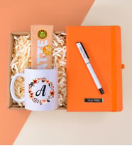 Kişiye Özel Turuncu Defter& Beyaz Roller Kalem& Baskılı Kupa Bardak& Kahve Dünyası Kahve Hediye Seti