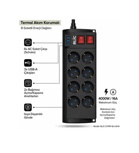 Blic Ftr-08 8 Li Akım Korumalı Priz ve 3 USB Girişli Çoklu Priz (2M Kablo)