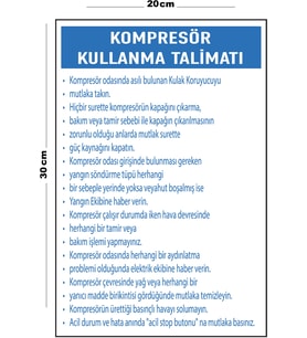 Metal Kompresör Kullanma Talimatı 20cm x 30cm A4 Büyüklüğünde Uyarı Levhası Yönlendirme Tabelası
