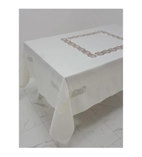 Bahar Lüx Dantelli Krep Kumaş Krem Masa Örtüsü 170x330 Cm 1001