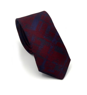 Lacivert Desenli Bordo Dokuma Kumaş Mendilli Slim Fit Kravat // SDK-2601-4