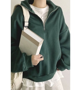 Ghassy Co. Kadın Pamuklu Oversize Silver Yarım Fermuarlı Sweatshirt (Nefti)