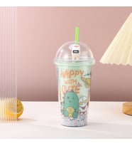 Dinozor Işıklı ve Pipetli Bardak, 450 ml, Boncuklu ve Kapaklı, Yeşil, 20x8 (Yeşil)