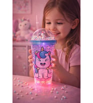 Unicorn Temalı Led Işıklı Suluk Buzlu Cam Görünümlü 450 ML Çift Katman Mika Su Şişesi 2646 Mavi