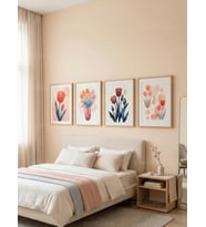 Lale Motifli Soyut Pastel 4’lü Ahşap Çerçeveli Tablo Seti