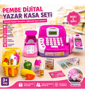 Pembe Dijital Yazar Kasa Oyuncak Seti Sesli Işıklı Kasiyer Market Oyunu Barkod Okuyuculu