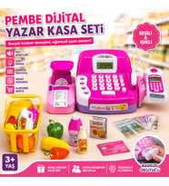 Pembe Dijital Yazar Kasa Oyuncak Seti Sesli Işıklı Kasiyer Market Oyunu Barkod Okuyuculu