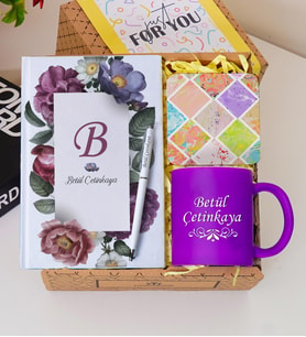 Kişiye Özel Renkli Defter , Kupa Bardak, Tükenmez Kalem & Hediye Seti (Mor)