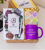 Kişiye Özel Renkli Defter , Kupa Bardak, Tükenmez Kalem & Hediye Seti (Mor)