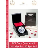 #Kolye Sevgiliye Hediye Kırmızı Gül Çekmeceli Kutu Tasarım Şık Takı İstiridye İnci Kolye Seti