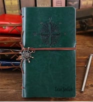 Kişiye Özel İsim Baskılı Deri Defter - İsme Özel Pusula Tasarımlı Deri Defter - Çizgisiz Deri Defter - Farklı Renk Seçenekleri Deri Denizci Defter (Yeşil)