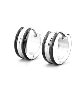 Gümüş Renk Şerit Siyah Çizgi 13mm Çap Paslanmaz Çelik Halka Erkek Küpe ER103