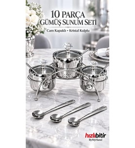ByMyHand Gümüş Renk Paslanmaz Çelik Cam Kapaklı Kristal Kulplu 10 Parça Sunum Seti Tuzluk & Karabi