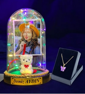 Sizlere Özel Renkli Led Işıklı Fanus ve Kelebek Kolye Hediye Seti (Model 1)
