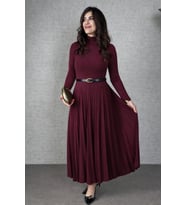 Kadın Uzun Kollu Balıkçı Yaka Kemersiz Pileli Uzun Sandy Elbise (Bordo)