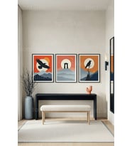 Minimalist Kuş ve Dağ Manzaralı 3’lü Ahşap Çerçeveli Tablo Seti