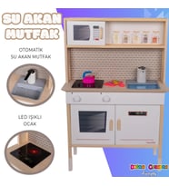 Musluktan Su Akan Işıklı Ahşap Mutfak - Ahşap Çocuk Mutfağı - Ledli Mutfak Seti -Su Akıtan Mutfak -