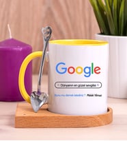 Kişiye Özel Google Tasarım Esprili Ahşap Altlıklı Sarı Kupa Bardak