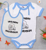 BK Kids Yıkılmadım Dinleniyorum Tasarımlı Mavi Bebek Body Zıbın ve Mama Önlüğü Hediye Seti-1