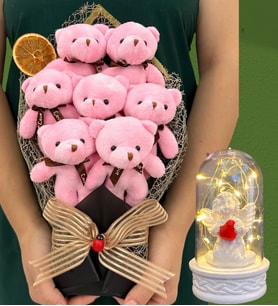 Büyük Boy 7'li Tasarım Peluş Ayıcık Buketi ve Led Işıklı Beyaz Melekli Fanus (Model 1)