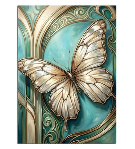 Mavi Fonda Beyaz Kelebek Art Nouveau Dekoratif Kanvas - Mdf Ahşap Tablo