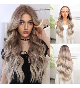 Rus Kumralı Beyaz Platin Ombre  ve Röfleli Fiber Sentetik Geniş Dalgalı Tül Peruk