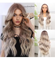 Rus Kumralı Beyaz Platin Ombre  ve Röfleli Fiber Sentetik Geniş Dalgalı Tül Peruk