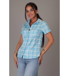 SWEETNESS Kadın Mavi Kareli Kısa Kollu Pamuklu Gömlek DK-1190