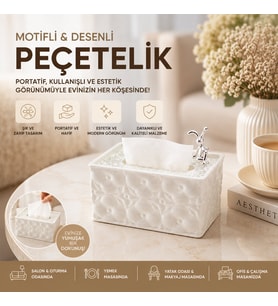 18.4X12.5X9CM BEYAZ YAYLI MASAÜSTÜ DEKORATİF DİKDÖRTGEN PEÇETELİK (5343)
