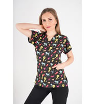 Unisex Cool Cats Club Desenli Doktor Hemşire Hastane Aşçı Mutfak Scrubs Tek Üst Üniforma (Siyah)