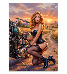 Motosikletli Sarışın Pin-Up Kadın Dekoratif Kanvas - Mdf Ahşap Tablo