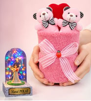 Premium Peluş Ayıcık Buketi ve Kişiye Özel Renkli Işıklı Melekli Fanus