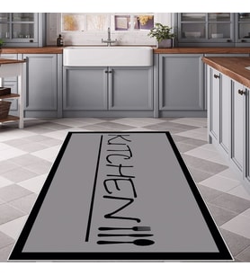 Gri Kitchen Yazılı Yıkanabilir Kaymaz Taban Leke Tutmaz Modern Salon Halısı ve Yolluk (Siyah)