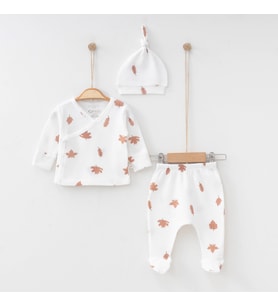 BabyŞen %100 Organik Pamuk Yaprak Desenli 0-3 Ay 3'lü Bebek Takım & Seti (Beyaz)