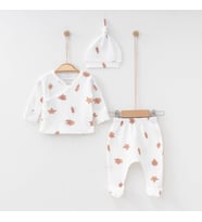 BabyŞen %100 Organik Pamuk Yaprak Desenli 0-3 Ay 3'lü Bebek Takım & Seti (Beyaz)