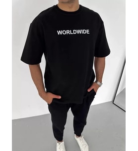 pilelistore- Unisex Bisiklet Yaka Baskılı Oversize T-Shirt - Siyah