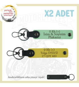Motosiklet Severlere Özel, İsim Plaka ve 0 Rh (+) Kan Grubu Yazılı x2 Anahtarlıkları, Yeşil-Sarı-Syh (Çok Renkli)