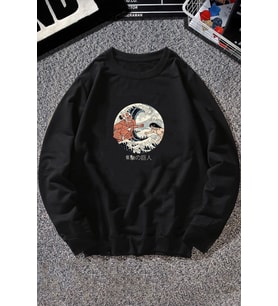 Unisex Kanagawa Oki Nami Ura Baskılı Bisiklet Yaka Sweatshirt (Siyah)