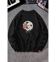 Unisex Kanagawa Oki Nami Ura Baskılı Bisiklet Yaka Sweatshirt (Siyah)