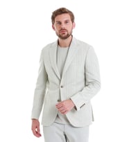 Hatemoğlu Bej Slim Fit Çizgili Mono Yaka Casual Keten Ceket