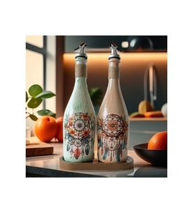 Özel Tasarım Düşkapanı Desenli Sunum Stantlı 2'li 750 ml Zeytinyağı Sıvıyağ Şişesi Yağdanlık Yağlık (Çok Renkli)