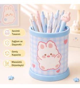 Kawaii Teddy Ayıcık Rabbit Tavşan Desenli Masaüstü Kalemlik Organizer – Geniş Kapasiteli Sevimli Kırtasiye Düzenleyici