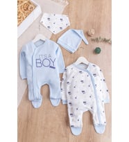 Palmiye Desenli Boy Baskılı 2'li Uzun Kollu Erkek Bebek Tulum Takım (Mavi)