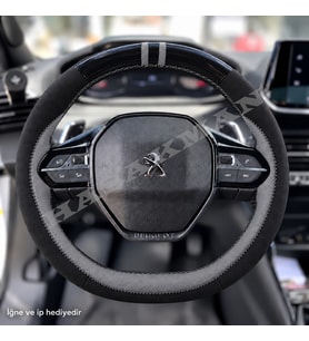 Peugeot 208 Dikme Direksiyon Kılıfı Parlak Siyah Gri Detaylı Gri Çift Yüzük ve Dikiş 2019-2024
