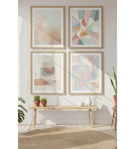 Pastel Geometri ve Soyut Formlar 4’lü Ahşap Çerçeveli Tablo Seti – Modern Duvar Dekoru