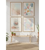 Pastel Geometri ve Soyut Formlar 4’lü Ahşap Çerçeveli Tablo Seti – Modern Duvar Dekoru
